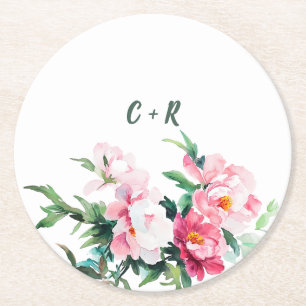 Weiche rosa Pfingstrose und Eukalyptus Hochzeit Runder Pappuntersetzer