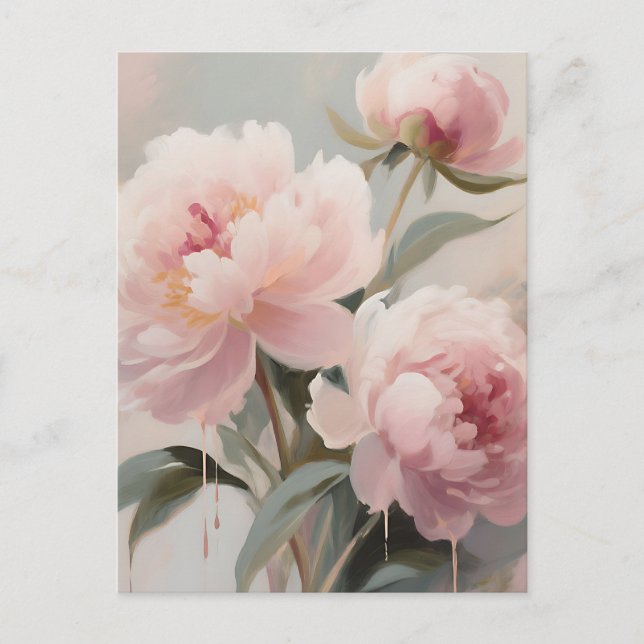 Weiche rosa Pfingstrosen Florale Kunst Postkarte (Vorderseite)