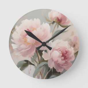 Weiche rosa Pfingstrosen Florale Kunst Runde Wanduhr