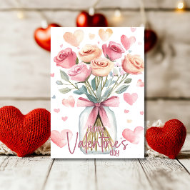 Weiche rosa Rosen Glas mit Schleife Frohen Valenti Feiertagskarte