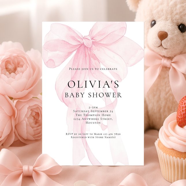 Weiche rosa Schleife Textüberlagerung Baby Shower Einladung (Von Creator hochgeladen)