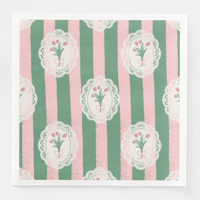 Weiche rosa Schleife und Tulpen Blumenmuster Serviette (Vorderseite)