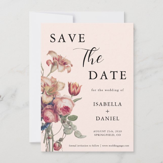 Weiche rosa Vintage-Blumenhochzeit Save The Date (Vorderseite)