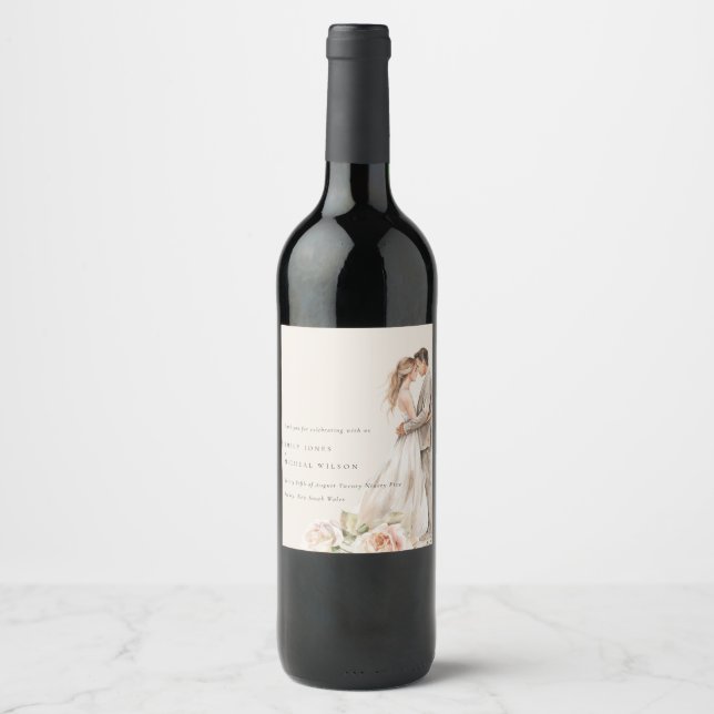 Weiche Rose Blütenkopf Botanische Hochzeit Weinetikett (Vorderseite)