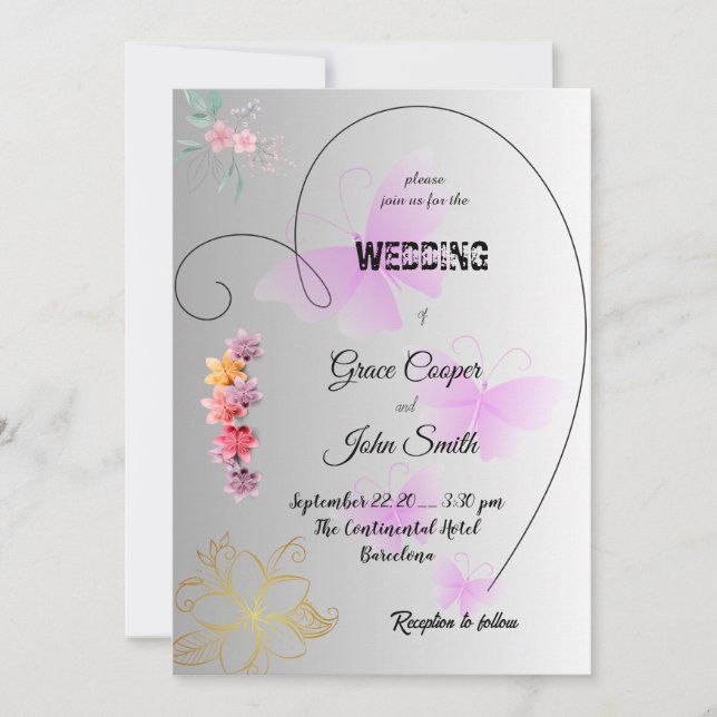 Weiche, schwarze und weiße Hochzeitskarte mit Blum Einladung (Vorderseite)