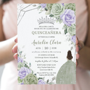 Weiche Seite Grün Lila Blüte Silber Quinceañera Einladung