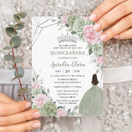 Weiche Seite Grün rosa Blütensilber Quinceañera Einladung