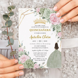 Weiche Seite Grün rosa Floral Gold Quinceañera Einladung