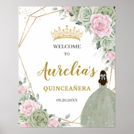 Weiche Seite Grün rosa Floral Quinceañera Willkomm Poster