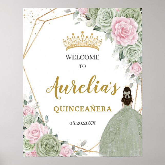 Weiche Seite Grün rosa Floral Quinceañera Willkomm Poster (Vorne)