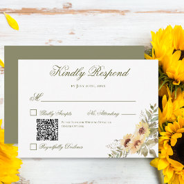 Weiche Sonnenblumen Grüne Hochzeit QR-Code RSVP Karte