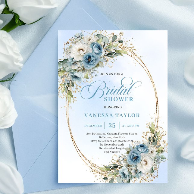 Weiche staubblaue Blumenskript-Hochzeitsduscheinla Einladung (Soft Dusty Blue Floral Script Bridal Shower Invitation)
