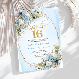 Weiche Staubblaue Blumige Goldene Sweet Sixteen Ei Einladung