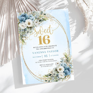 Weiche Staubblaue Florale Goldene Sweet Sixteen Ei Einladung