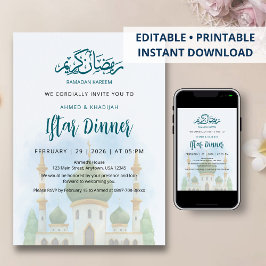 Weiche Wasserfarbe Grüne Kuppel Moschee Iftar-Einl Einladung