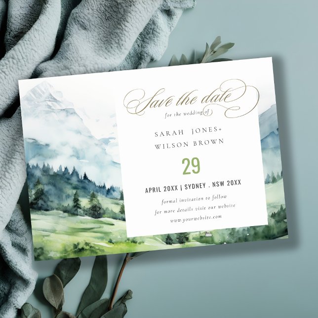 Weiche Wasserfarbe Schneeberg Landschaft Hochzeit Save The Date (Von Creator hochgeladen)