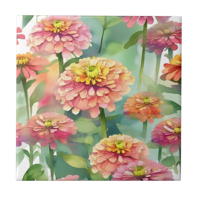 Weiche Wasserfarbe Zinnia Floral Fliese (Vorderseite)