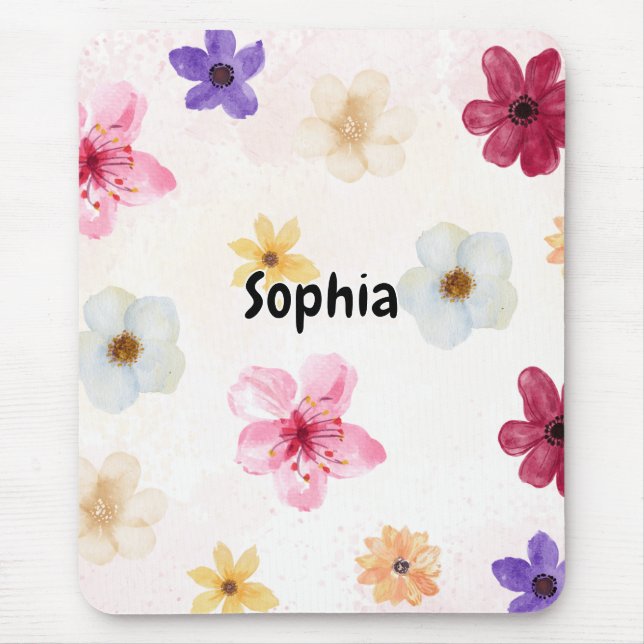 Weiche Wasserfarben-Blumen-Personalisierte-Name-Ma Mousepad (Vorne)