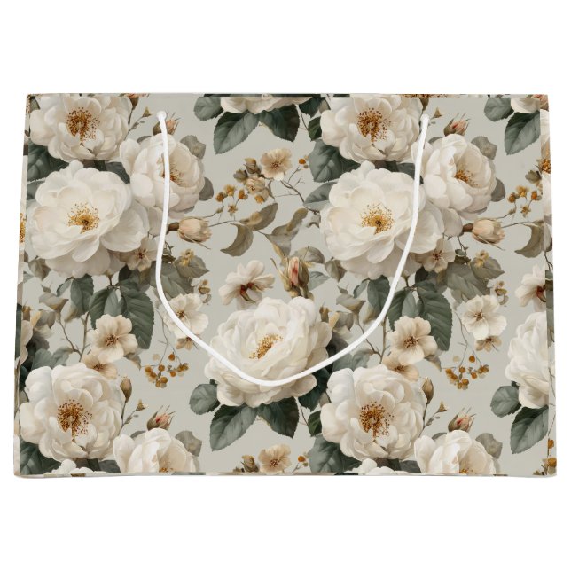 Weiche Weiße Rosen Beige Blumenmuster Große Geschenktüte (Vorderseite)