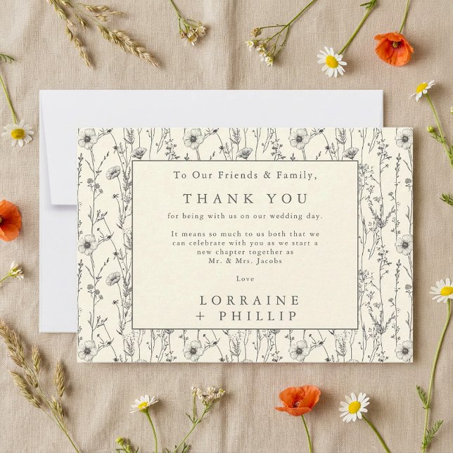 Weiche wilde Blume nahtlose Musterhochzeit Dankeskarte (Soft wild flowers seamless pattern wedding thank you card.)