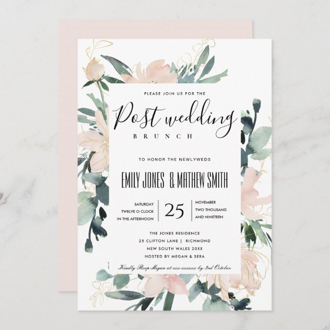 WEICHEN BLUSH PINK FLORAL GOLD POST WEDING BRUNCH EINLADUNG (Vorne/Hinten)
