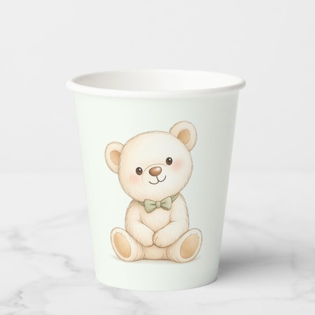 Weicher beiger Wasserfarben-Teddybär mit salbeigrü Pappbecher (Vorderseite)