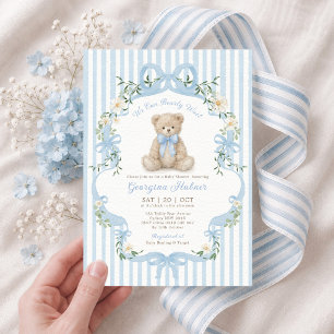Weicher blauer gestreifter Teddybär-Junge-Baby-Par Einladung