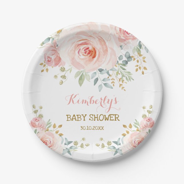 Weicher Boho erröten rosa GoldblumenBabyparty Pappteller (Vorderseite)