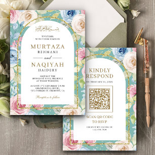 Weicher floraler goldener Bogen QR Code Minz Musli Einladung