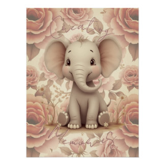 Weicher Pastell-Elefant und Blumen Poster