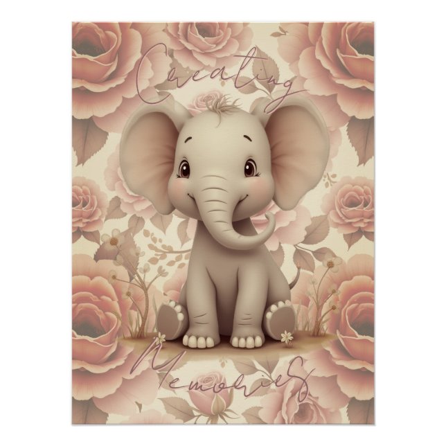 Weicher Pastell-Elefant und Blumen Poster (Vorderseite)