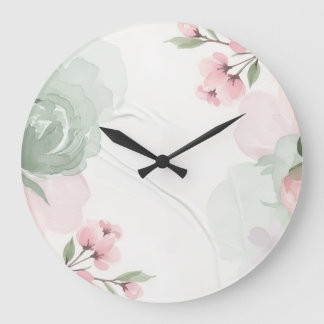 Weiches Aquarell-Rosa und Grünes Blumenrahmen Große Wanduhr