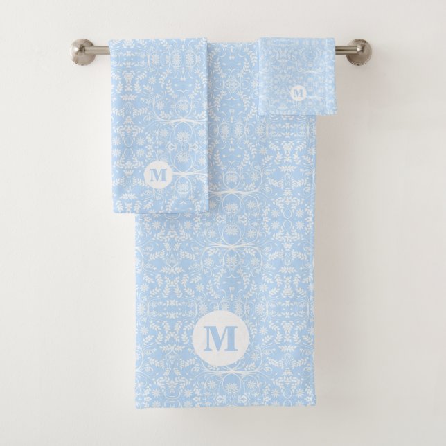 Weiches Blau und Weiß Botanisch Monogrammiert Badhandtuch Set (Insitu)