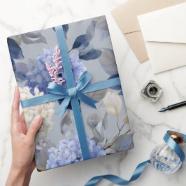 Weiches Blaues Hortensien-Graues Blumenmuster Geschenkpapier