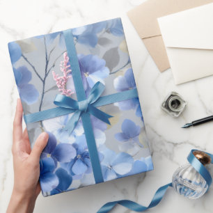Weiches Blaues Hortensien-Graues Blumenmuster Geschenkpapier