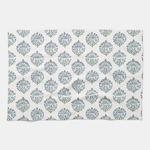 Weiches blaues Medaillon-Blumenmuster auf Weiß Geschirrtuch
