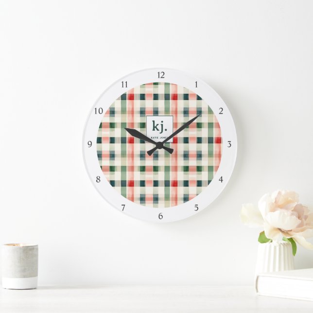 Weiches Evergreen-Gingham-Monogramm Große Wanduhr (Zuhause)