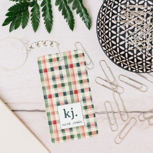 Weiches Evergreen-Gingham-Monogramm Schlüsselanhänger