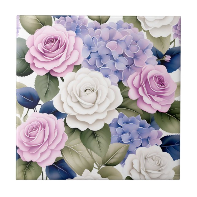 Weiches florales Elegant mit Hydrangeas und Rose Fliese (Vorderseite)