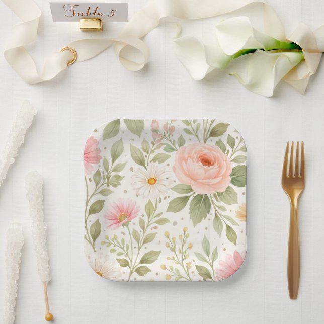 Weiches Florales Wasserfarbmuster   Pappteller (Hochzeit)