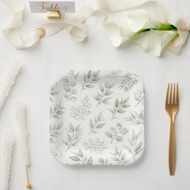 Weiches grünes botanisches Blättermuster  Pappteller (Hochzeit)