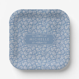 Weiches Pastellblau und Grau-Weiß Blumenmuster Boh Pappteller