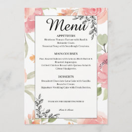 Weiches Pfirsich-Frühlingsgarten-Hochzeitsmenü Menükarte