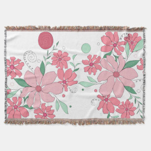 Weiches rosa Blumenmuster mit mintgrünen Blättern Decke