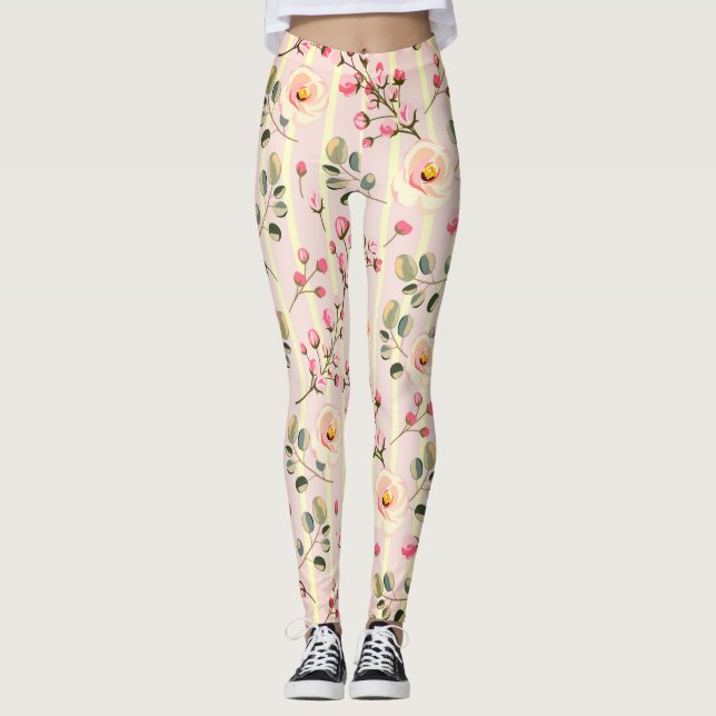 Weiches rosa Blumenstreifenmuster Leggings (Vorderseite)