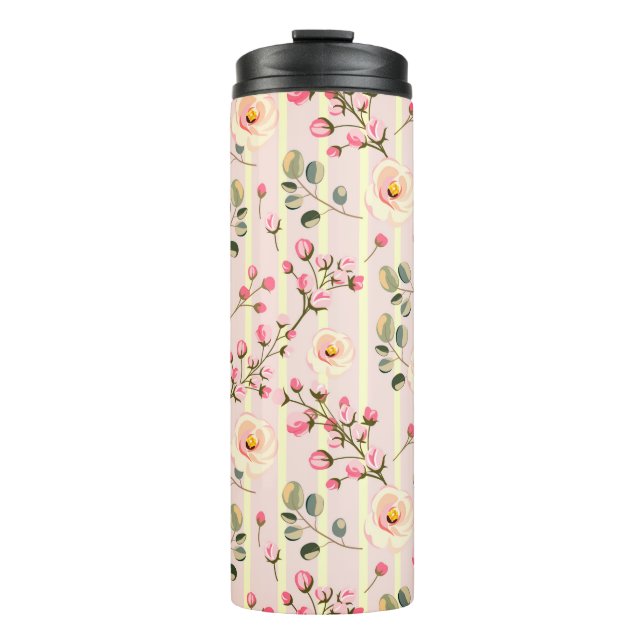 Weiches rosa Blumenstreifenmuster Thermosbecher (Vorderseite)