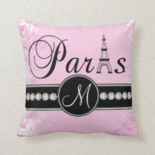 Weiches Rosa Damast Schwarz Paris Monogramm Kissen