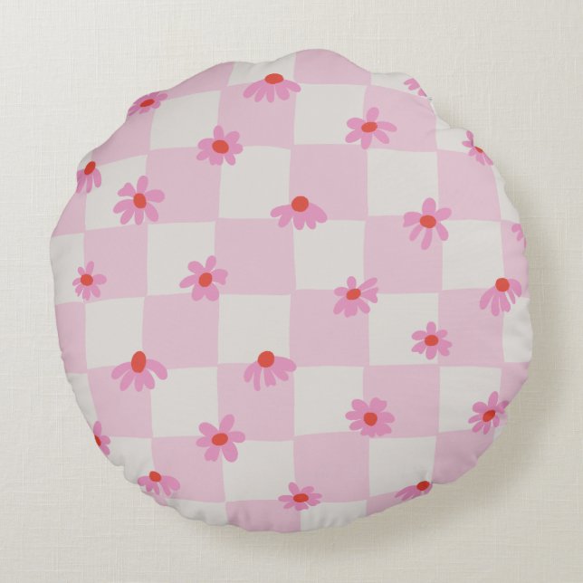 Weiches Rosa Gänseblümchen Karo Blumenmuster Rundes Kissen (Rückseite)