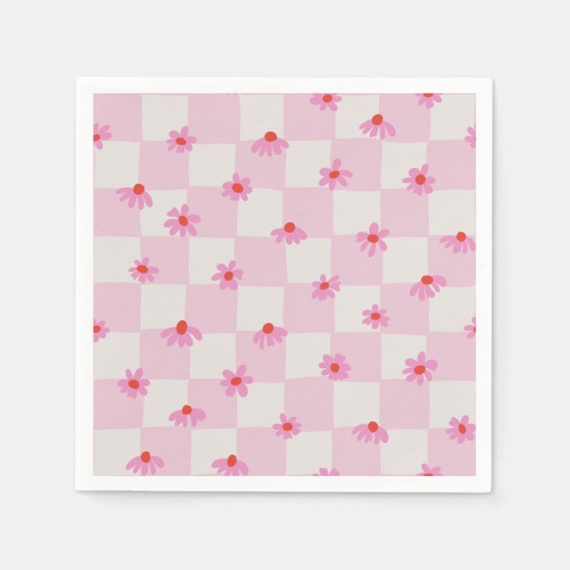 Weiches Rosa Gänseblümchen Schachbrett Blumenmuste Serviette (Vorderseite)