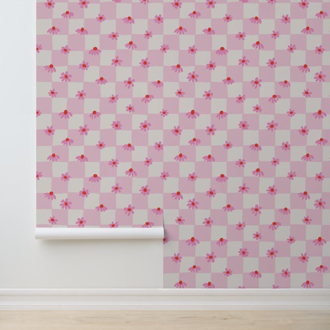 Weiches Rosa Gänseblümchen Schachbrett Blumenmuste Tapete (Anwendung)